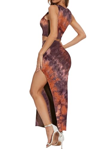Image of ELLEVEN Sexy 2 Piece Maxi Skirt Sets for Women, Going Out Outfits | High Stretch, Lightweight, Slim Fit, Sleeveless Knit Crop Tank Top, High Slit Skirt Dress Set, Summer Date Night Outfits
