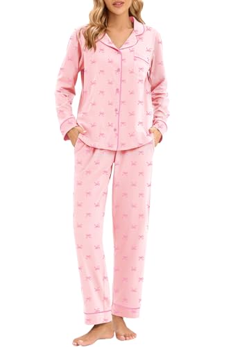 Image of LUBOT 100% Cotton Pajamas for Women Pajama Set 2 Piece PJ Sleepwear Set Soft Ladies Button Knit Long Sleeve Loungewear XS-XXL