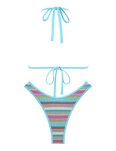 Image of seamoly Women's Bikini Sets Halter Neck Crochet Colorblock Two Piece Swimsuits Open Back Sexy High Cut Thong Bathing Suit
