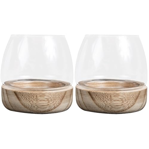 DECHOUS 2Pcs Clear Glass Plant Pots with Wooden Base, Transparent Glass Vase Terrarium Planter Display Planter Pot for Flowers Succulent Plants
