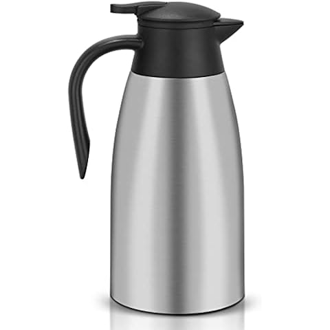2 Litre 304 Stainless Steel Thermal Carafe, Double Wall Insulated Vacuum Jug, Coffee Pot with Press Button Top, 12+ Hrs Heat & Cold Retention, for Coffee, Milk, Tea, Beverage etc (Silver) Cover