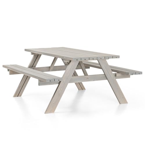 Amata Klassischer Design Picknicktisch mit faltbaren Sitzen, UNGURS Collection - Wetterfester Picknicktisch aus Holz für den Außenbereich, perfekt für Garten und Terrasse (Grau)