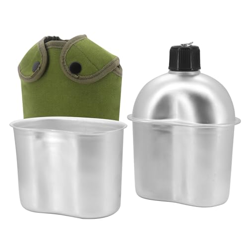 Beowanzk Botella de agua de camping de 0,9 L, botella de agua del ejército, cantinas y botellas de agua, equipo militar, hervidor portátil con taza de aluminio para senderismo, camping, escalada y la