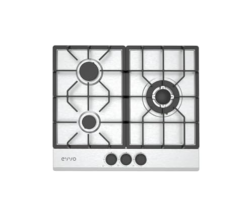 Placa de Gas EVVO V66 Inox, 3 Quemadores con Wok, Acero Inoxidable, Encendido Eléctrico, Gas Natural y Butano