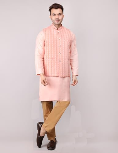 Image of Men's Cotton Silk Blend Regular Kurta Pyjama, Embroidered Nehru Jacket /Waistcoat Set