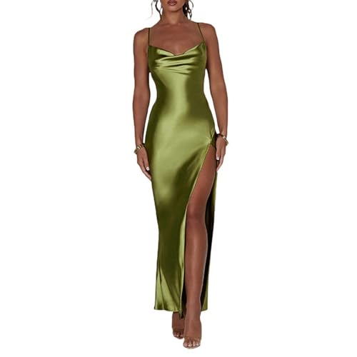 AYAZER Vestido Ajustado de satén para Mujer Vestido Largo con Tirantes Finos y Cuello Vuelto Vestido Largo de Fiesta sin Espalda con Abertura Alta-A-Verde-M