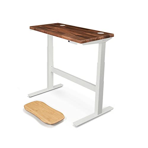 Image of UPLIFT DESK Walnut Butcher Block (48 x 24 inch) Standing Desk 2-Leg V2-Commercial Adjustable Stand Up C-Frame (White), Advanced Keypad, Wire Grommets, Wire Tray, Rocker Board