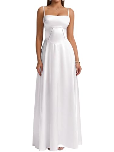 KUTUMAI Satin Maxi Dress Spaghetti Strap Lace Up Long Formal