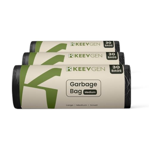 KeevGen Black Garbage Bags for Dustbin | 90 Pcs | Medium 19x21 Inches | 30 Litre Capacity | 3 Packs of 30 | Leak-Proof | Detachable Tie Tape | Scent Free | Kitchen Use