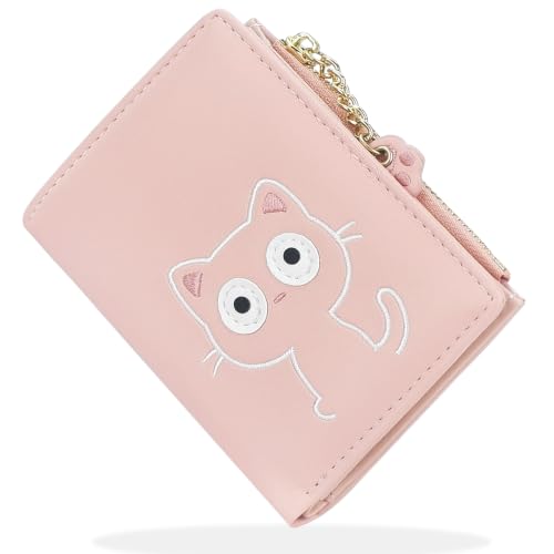 Image of Small Womens Wallet, Cute Bifold RFID Blocking Vegan Wallet for Teen Girls Ladies with Zipper Coin Pocket (Pink Cat)