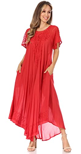 Image of Sakkas Egan Long Embroidered Caftan Dress /Cover Up with Embroidered Cap Sleeves