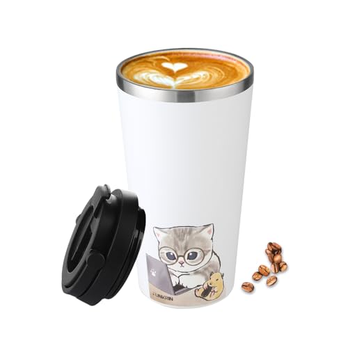Funkrin Insulated Coffee Mug with Ceramic Coating, 16oz Iced Coffee Tumbler Cup with Flip Lid and Handle, Double Wall Vacuum Leak-Proof Thermos Mug for Travel Office School Party Camping
