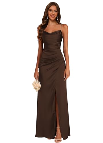 GRWO Vanilla Brown Spaghetti Straps Bridesmaid Dress Long Mermaid Cowl Neck Dresses for Formal Evening Dresses with High Slit 6