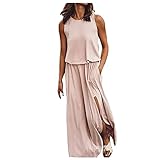 Sommerkleid lang luftige italienische Sommerkleider elegant Einfarbig Patchwork Rundhals...