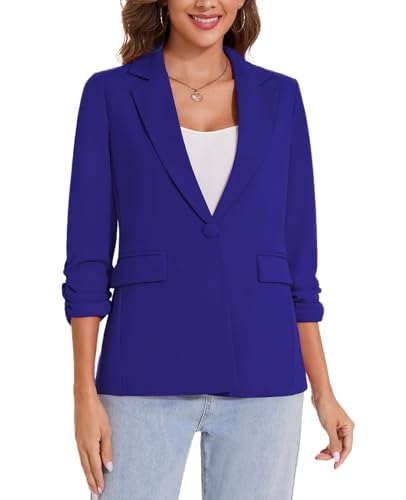 MINTLIMIT Womens Blazer 3/4 Ruched Sleeve Notch Lapel Business Work Blazers One Button Open Front Casual Jackets with Pockets4
