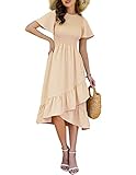 Women's Crew Neck Summer Dresses Flutter Short Sleeve Tiered Smocked Swing High Waist Beach Irregula