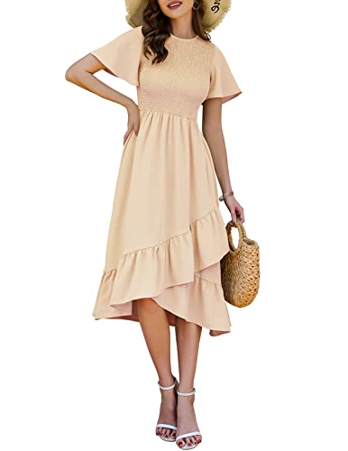 Women's Crew Neck Summer Dresses Flutter Short Sleeve Tiered Smocked Swing High Waist Beach Irregular Hem Midi Sun Dress,Beige,L #TOP26
