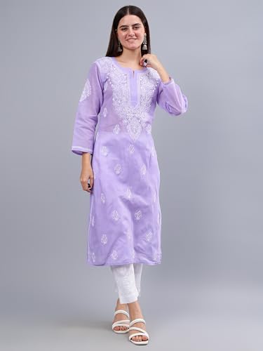 Image of Seva Chikan Hand Embroidered Lucknowi Chikankari Cotton Kurta Kurti for Women SCL4302