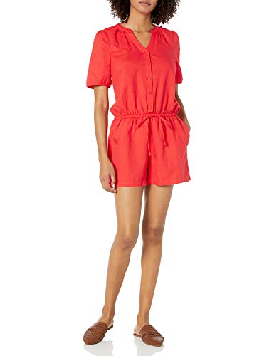 Amazon Brand - Goodthreads Women's Washed Linen Blend Button Front Romper, Red, 12