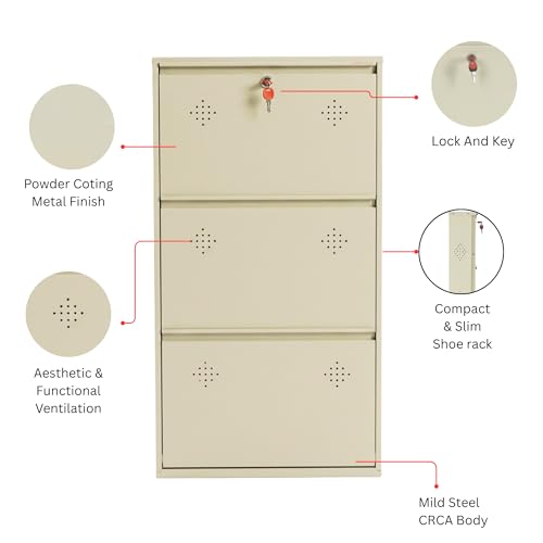 Image of 3 Door Wall Mounted Metal Shoe Rack Cabinet, Ivory, 39x21x6 Inch