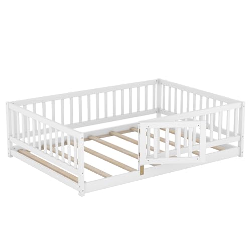 Image of Bellemave Full Size Kids Montessori Floor Bed with Door,Solid Wood Floor Bed Frame with Slats and High Fence for Kids,Girls,Boys,White