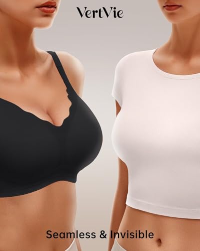 Vertvie Women Seamless Jelly Bras No Underwire Supportive Wireless Push Up Full Coverage Bralette Comfy Scalloped T-Shirt Bra