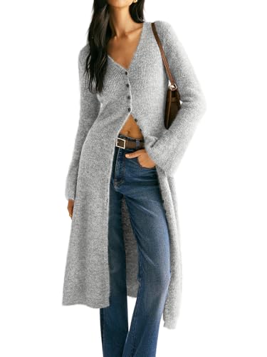 Image of Womens V-Neck Button Maxi Cardigan Bell Long Sleeve Open Front Split Breasted Sweater Dress