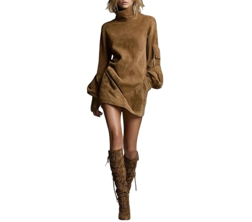 Generisch Vintage-Minikleid aus Lockerem Wildlederimitat für Damen, Langarm-Minirock mit Taschen – Herbst/Winter-Mode (Brown,M)