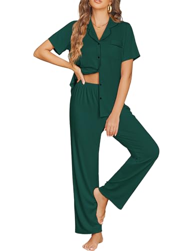 Image of Ekouaer Womens Pajama Sets Button Down Pjs Lounge Sets 2 Piece Short Sleeve Sleepwear Soft Comfy Loungewear