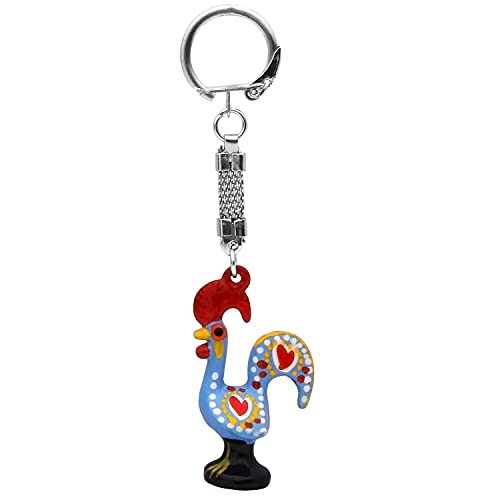 Galos Good Luck Portuguese Barcelos Rooster Metallic Keychain (Blue) Medium