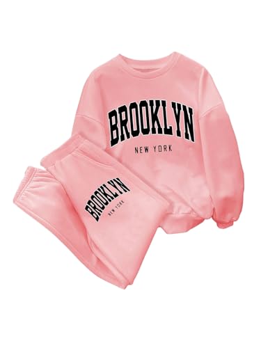 Image of SweatyRocks Girl's Tracksuit 2 Piece Outfits Letter Graphic Crewneck Sweatshirt and Sweatpants Set Pink 10Y