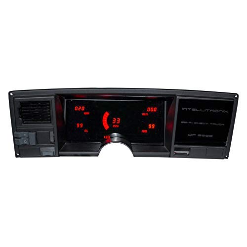 Intellitronix DP6005R Digital Dash Replacement Panel installed, displaying red LED readouts for speed, RPM, fuel, temperature, oil pressure, and voltage.