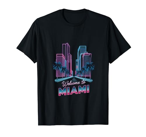Skyline der Urlaubsstadt Miami Beach im Retro-Stil bei Sonnenuntergang T-Shirt
