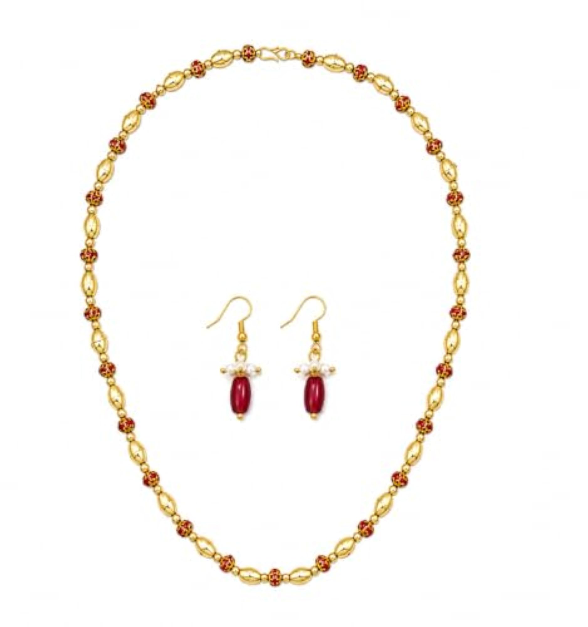Elegant Gold-Tone Beaded Mala Necklace Set with Matching Drop Earrings