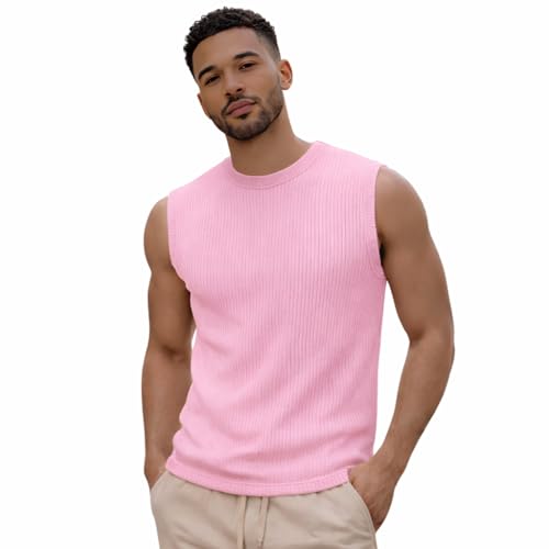 Grewear Mens Casual Tank Tops Vest Knit Sleeveless Shirt Stretchy Soft Breathable Fabric Slim Fit Pullover Summer Muscle Tee Lightweight Comfortable Daily Streetwear Coral Pink-XS