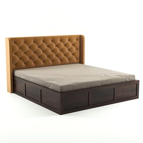 Image of Solid Sheesham Wood King Size Bed with Storage | Wooden Double Bed Cot Bed with Box Storage & Velvet Upholstered Cushioned Headboard for Bedroom (Walnut B, King)