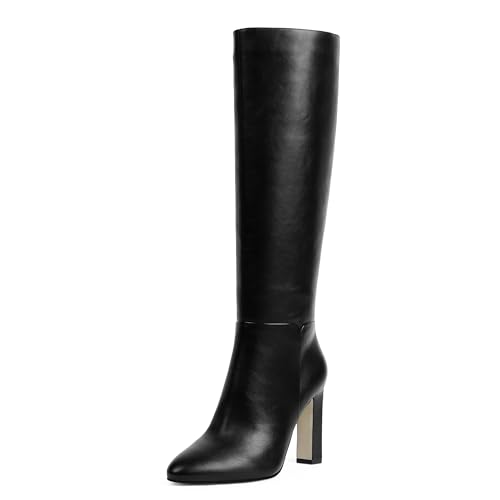 Women Knee High Boots Almond Toe Chunky Block High Heel Side Zipper Long Boots for Women