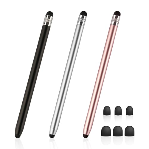 KRYMSON Juego de 3 lápices capacitivos de metal para pantalla táctil de doble cabeza, para tablet y smartphone, color negro, plateado y rosa