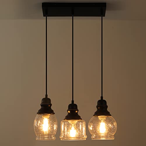 Industrial Pendant Lighting, Pendant Lights For Kitchen Island 3 Light Glass Pendant Light Fixture With Seeded Glass Shade, Adjustable Cord Farmhouse Ceiling Light Black Metal Finish Linear Chandelier #TOP6