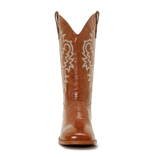 Image of Cowgirl Boots Square Toe Cowboy Boots For Women Ladies Mid Calf Low Heel Flat