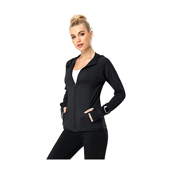 COOrun Workout Jacket Women Full Zip Hoodie Sportswear Athletic Running Track Jacket With Watch Thumb Hole Black-M
