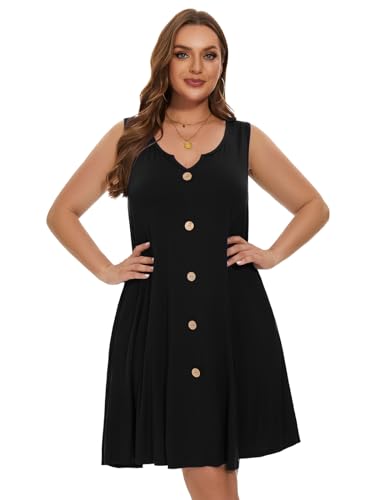 Image of LARACE Women Plus Size Summer Dresses V Neck Sleeveless A Line Sundresses Button Down Midi Dress with Pockets