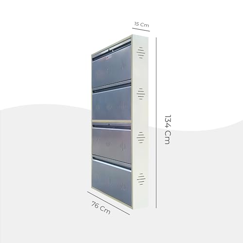 Image of StayHappy Wide Wall-Mounted and Freestanding Metal Shoe Rack Cabinet | Key Lock | Compact Design | Thick Metal Layer for Durability | Powder-Coated Steel | Crafted in Bharat. (Silver, 4 Door)