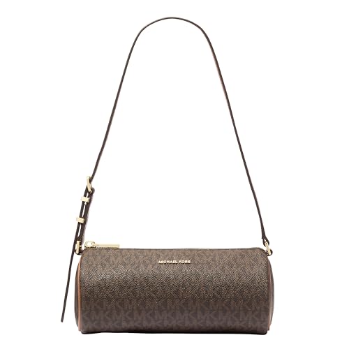 Michael Kors Womens Izzy Small Barrel Pouchette Gold-Tone Hardware/MK Signature Semi Lux Black Brown/Acorn