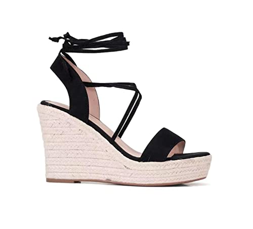 Image of Women's Wedge Platform Espadrille Open Toe Lace-Up Sandals, Cross Strap Wedge Sandals Summer Espadrilles Ankle Strap Buckle Platform Sandals