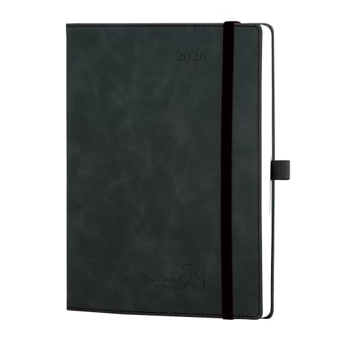 POPRUN Agenda 2026 Semana Vista 22 x 16,5 cm, Tapa Blanda, Marcapágina de Cinta, Una Página por Semanal con Una Página de Notas, 100 GSM Papel EU, Negro