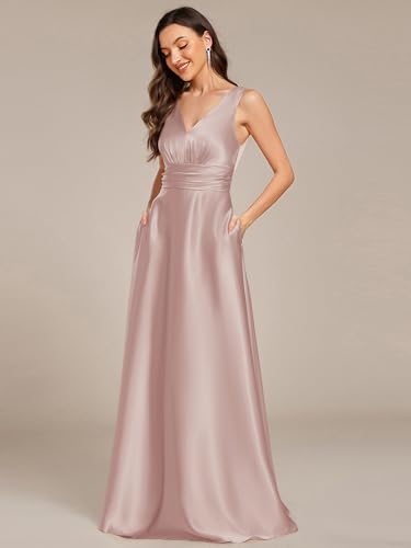 Image of Ever-Pretty Women's Spring Satin V Neck Formal Wedding Guest Dress Floor Length Empire Waist Prom Dresses with Pockets