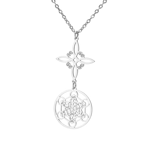 LIKGREAT Collier Nœud de Sorcière Collier Cube de Metatron Pendentif Géométrique en Acier Inoxydable Double Amulette Bijoux de Protection pour Femme...