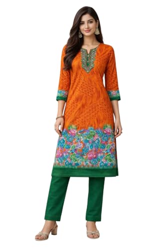 Image of Women's Cotton Blend Unstitched Kurti Set for Women | A-Line Style Dress Material | 2-Piece Traditional Ethnic Wear Suit Fabric