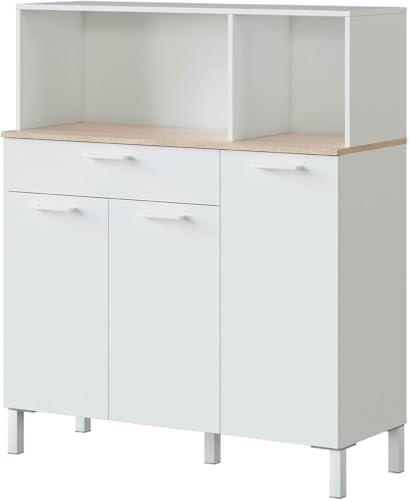 PEGANE Buffet Meuble Cuisine 3 Portes + tiroir Coloris Blanc Artic/chêne Canadien - Hauteur 126 cm x Longueur 108 cm x Profondeur 40 cm